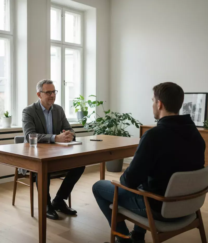 врач психиатр разговаривает с пациентом о лечении зависимости от азартных игр